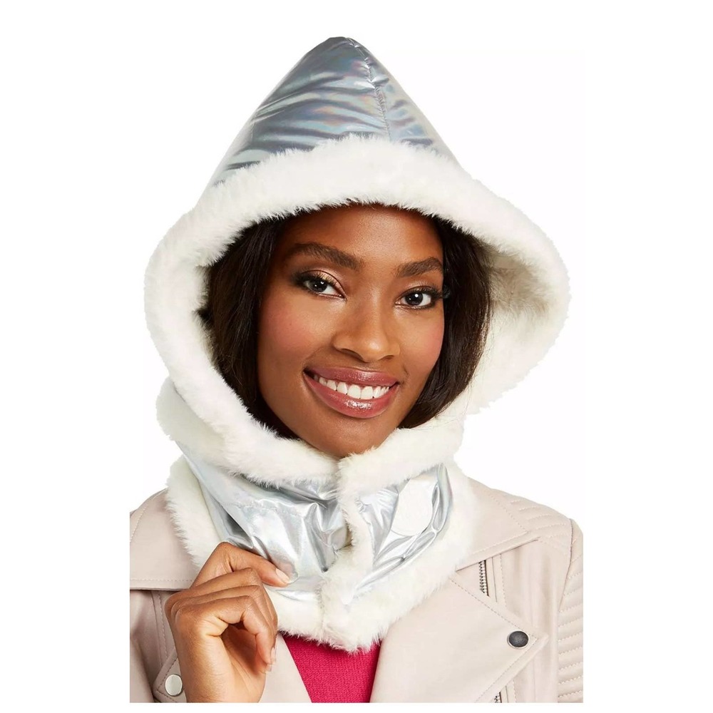 DKNY Women's Silver Metallic Faux hood